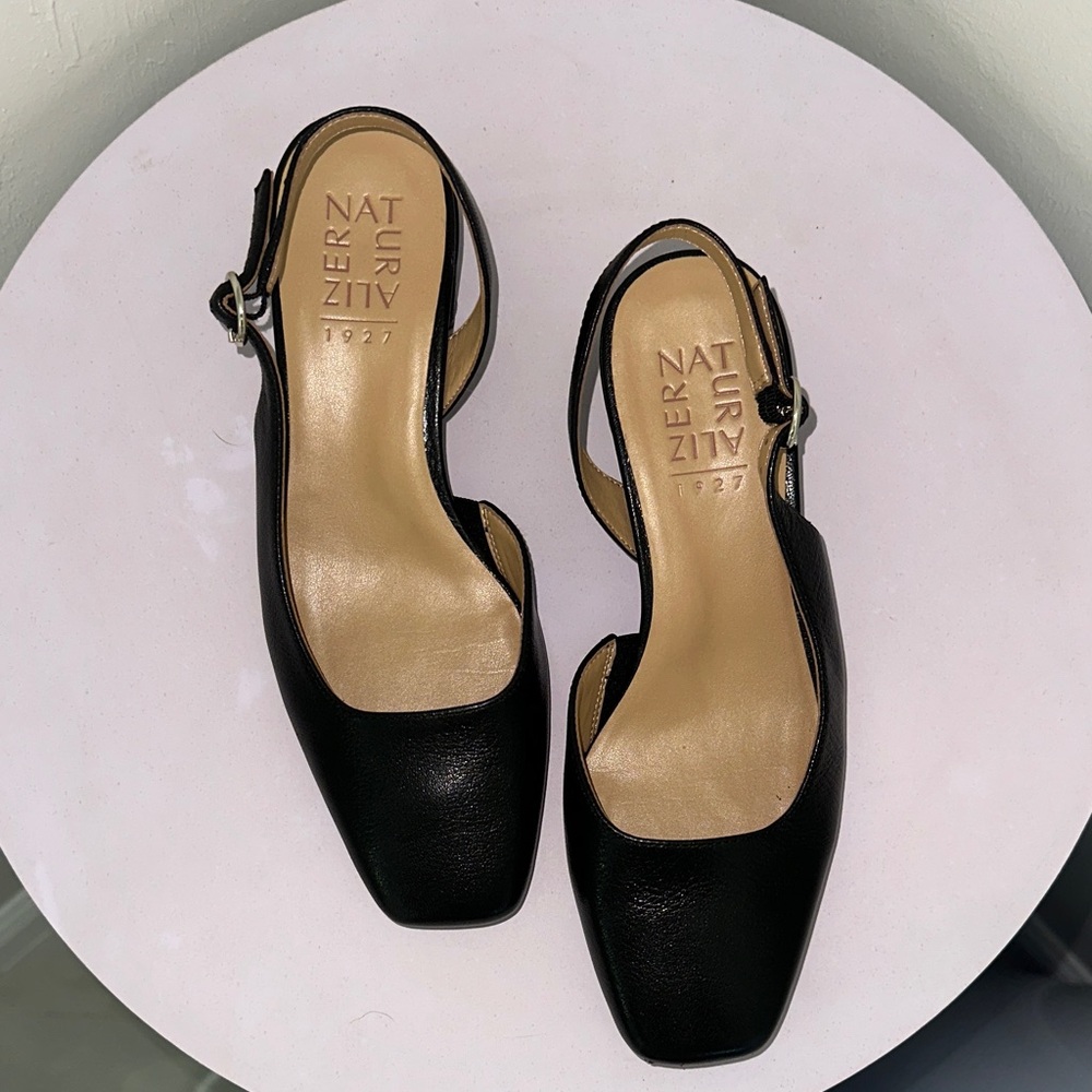 Naturalizer Black Leather Slingback Square Toe Low Block Heel Mules - Picture 2 of 7